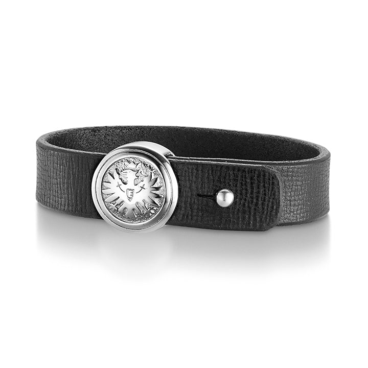 Icon | Armband van Zwart Leer en Zilverkleurig Roestvrij Staal | Op Icon | Armband van Zwart Leer en Zilverkleurig Roestvrij Staal | Op